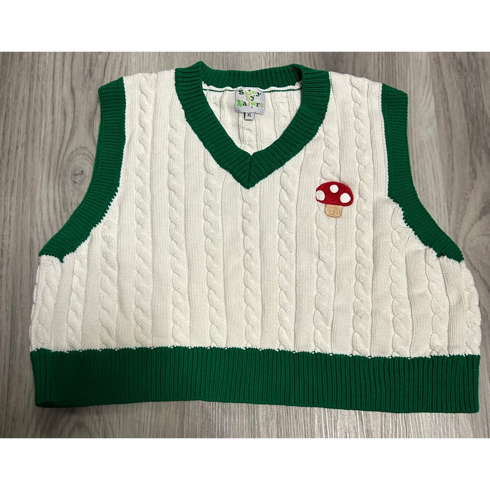 Shiny‎ by Nature Mushroom Cable Knit Sweater Vest Cream Green XL Cotton